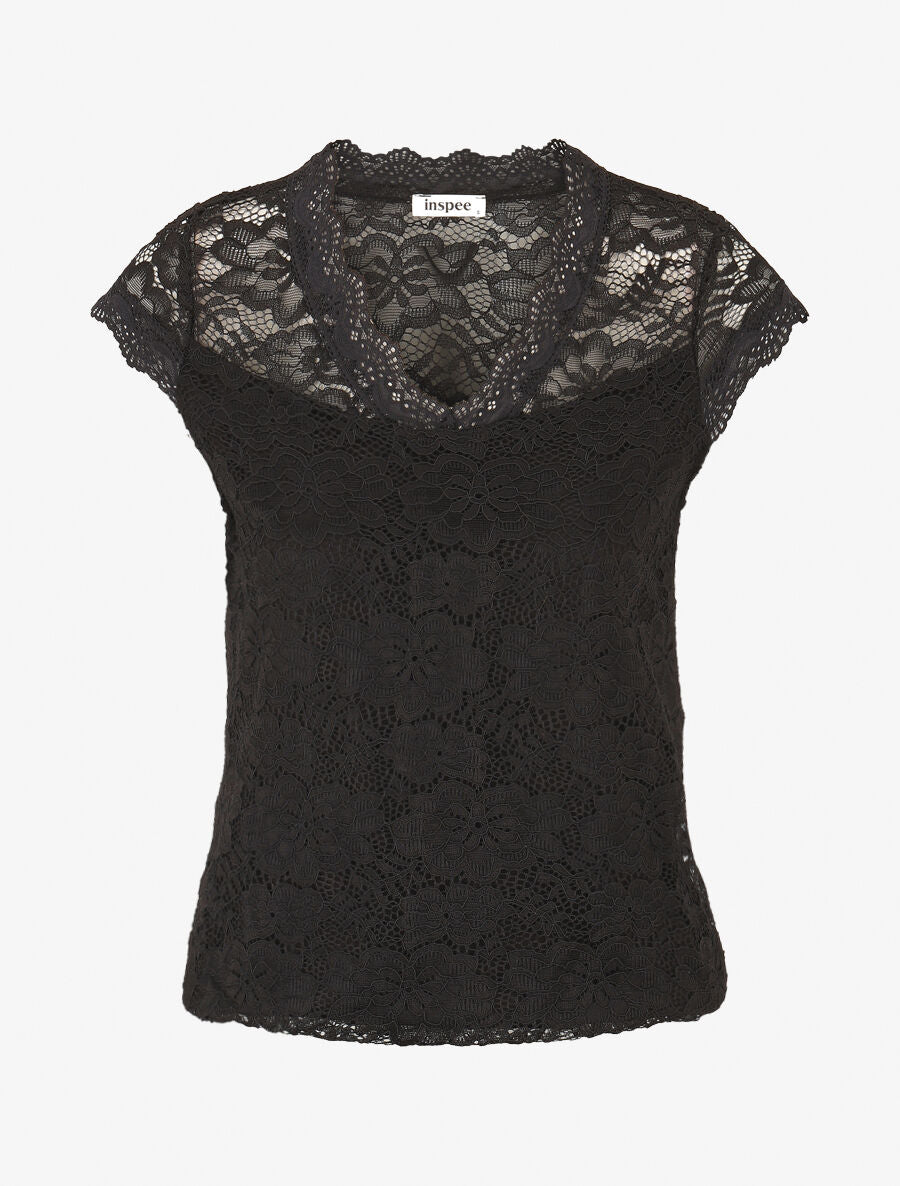 Top droit en dentelle col V - Noir - 1