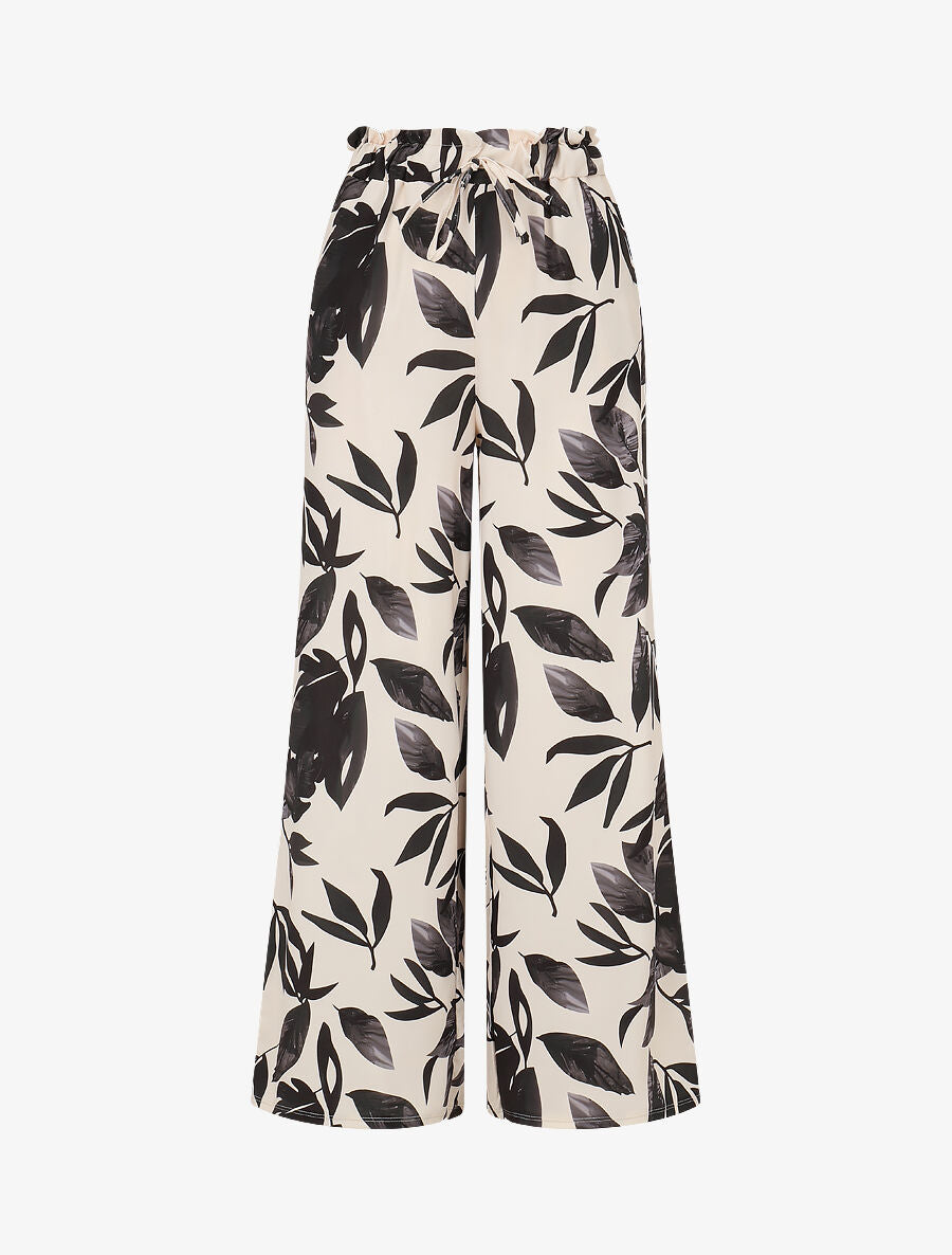 Pantalon imprimé feuillage à taille élastiquée - Noir - 1