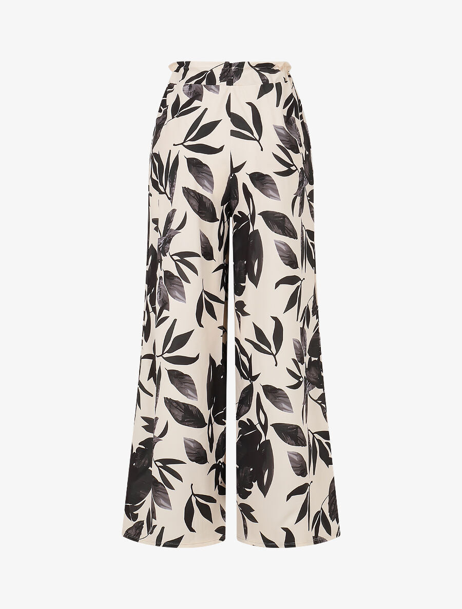 Pantalon imprimé feuillage à taille élastiquée - Noir - 2