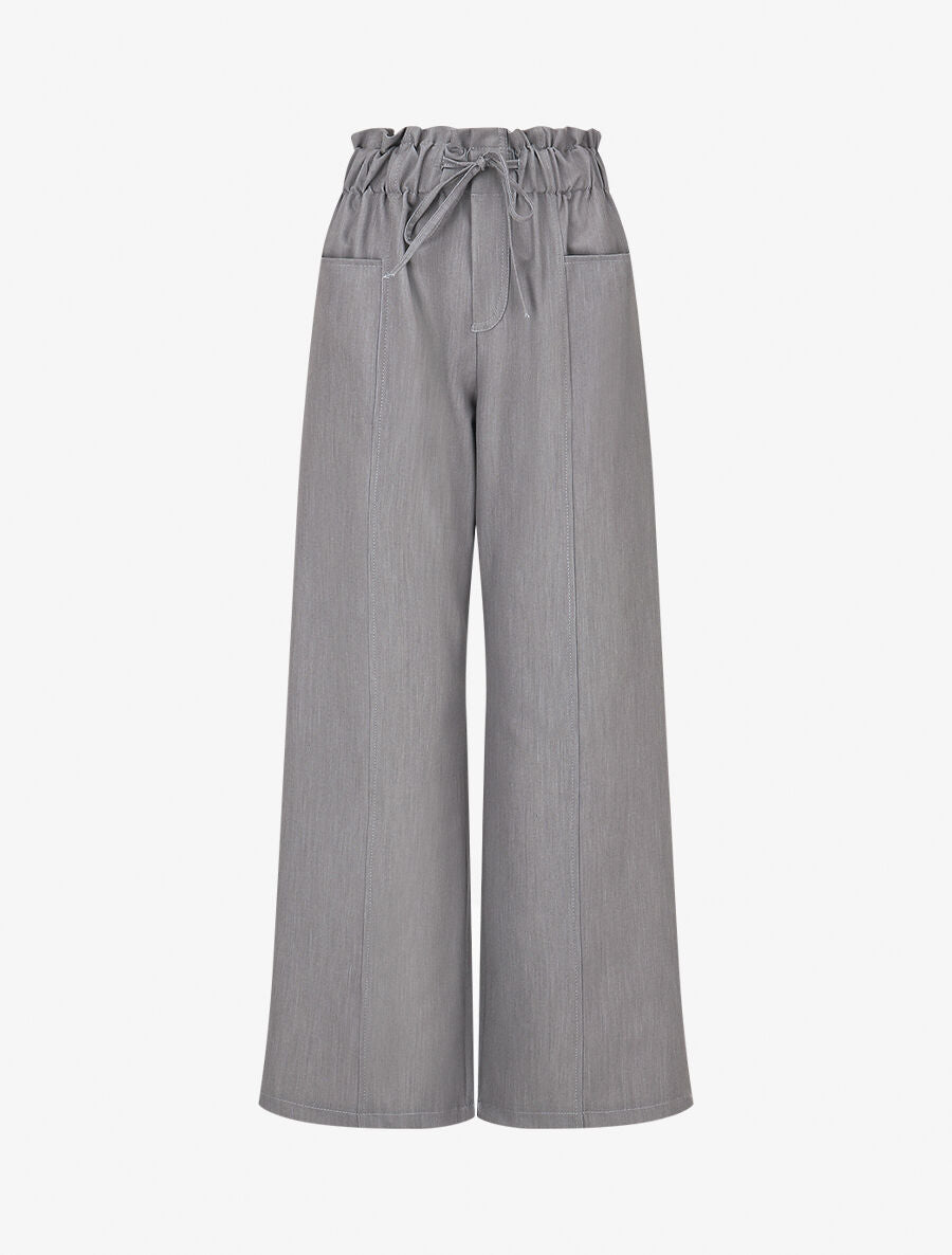 Pantalon droit taille haute élastiquée - Gris - 1