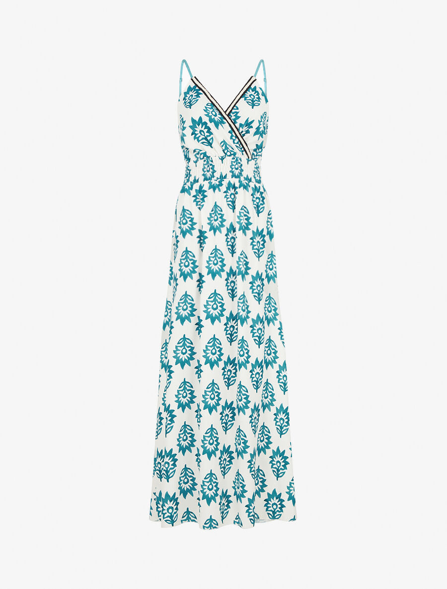 Robe longue à taille élastiquée imprimé floral - Bleu canard - 1
