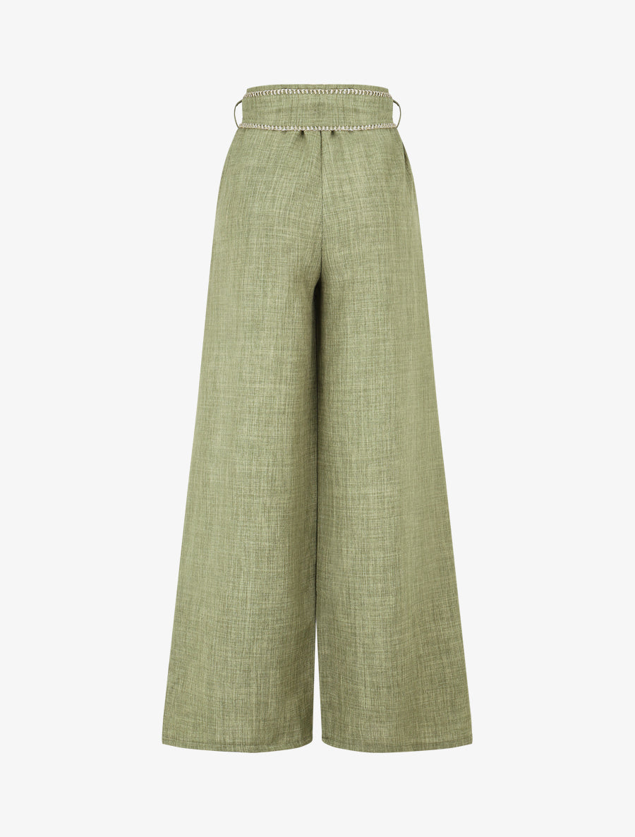 Pantalon ample taille haute à ceinture fantaisie - Kaki - 2