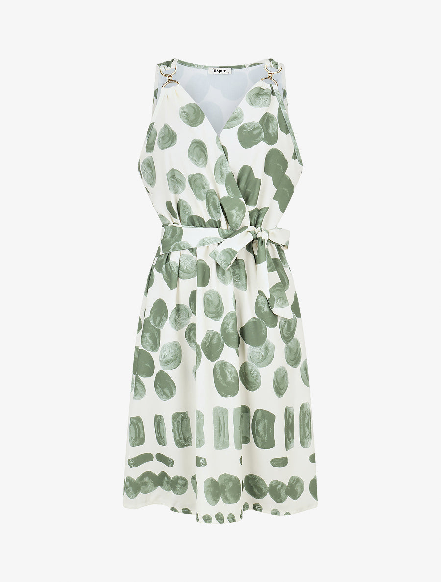 Robe mi-longue imprimé pois fantaisie et bretelles bijou - Kaki - 1