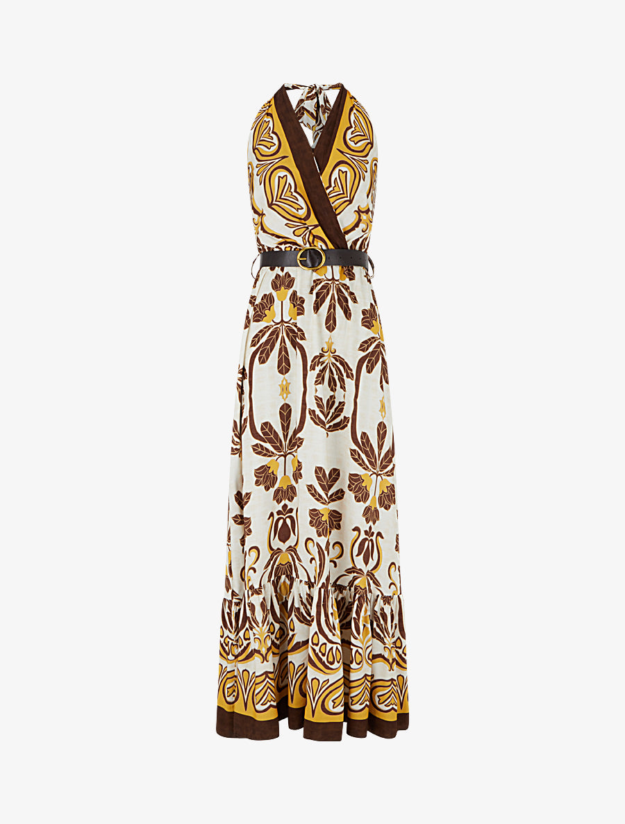 Robe longue élastiquée à nouer à la nuque - Camel - 1