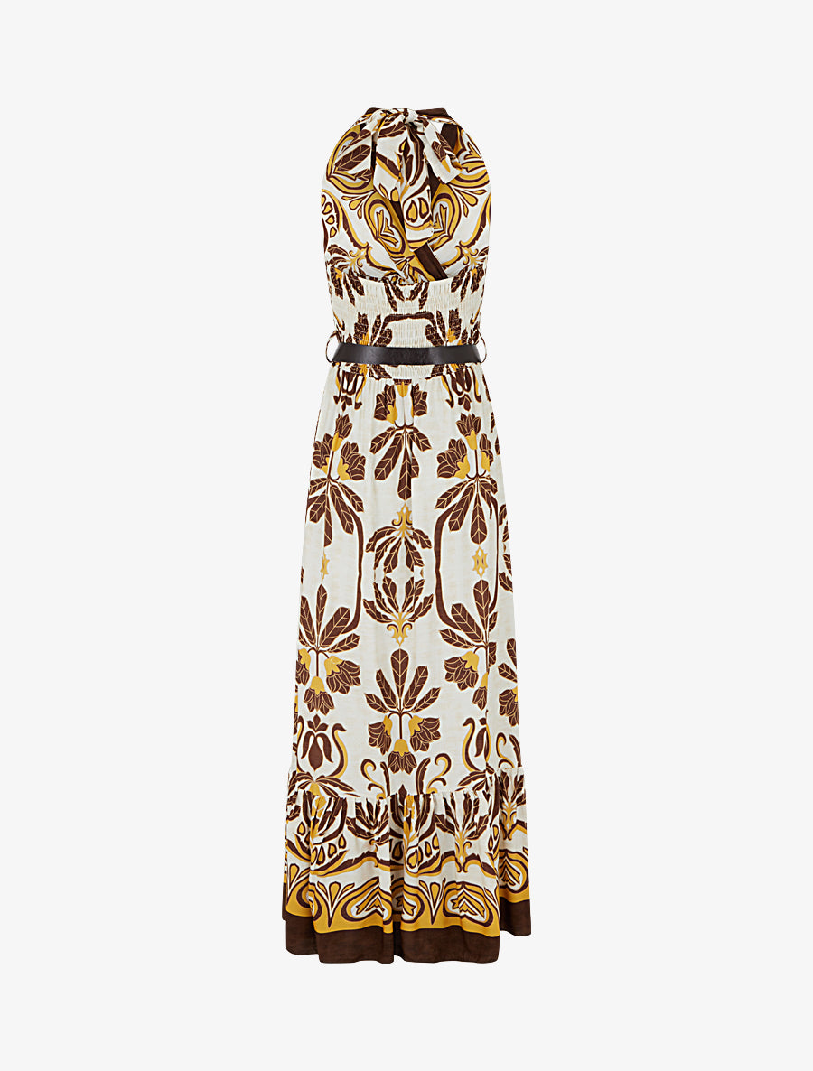 Robe longue élastiquée à nouer à la nuque - Camel - 2