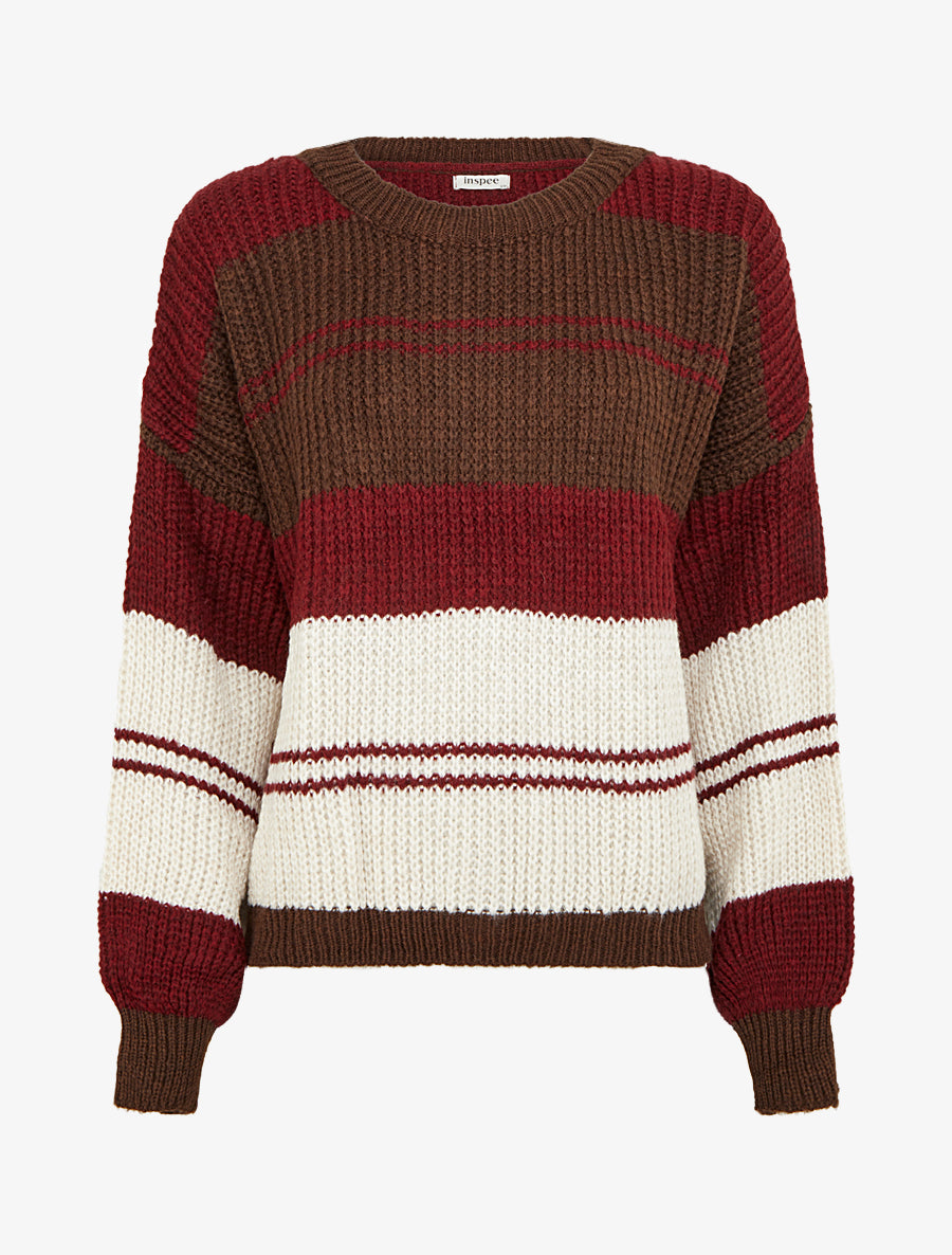 Pull en maille à bandes contrastantes - Bordeaux/marron - 1