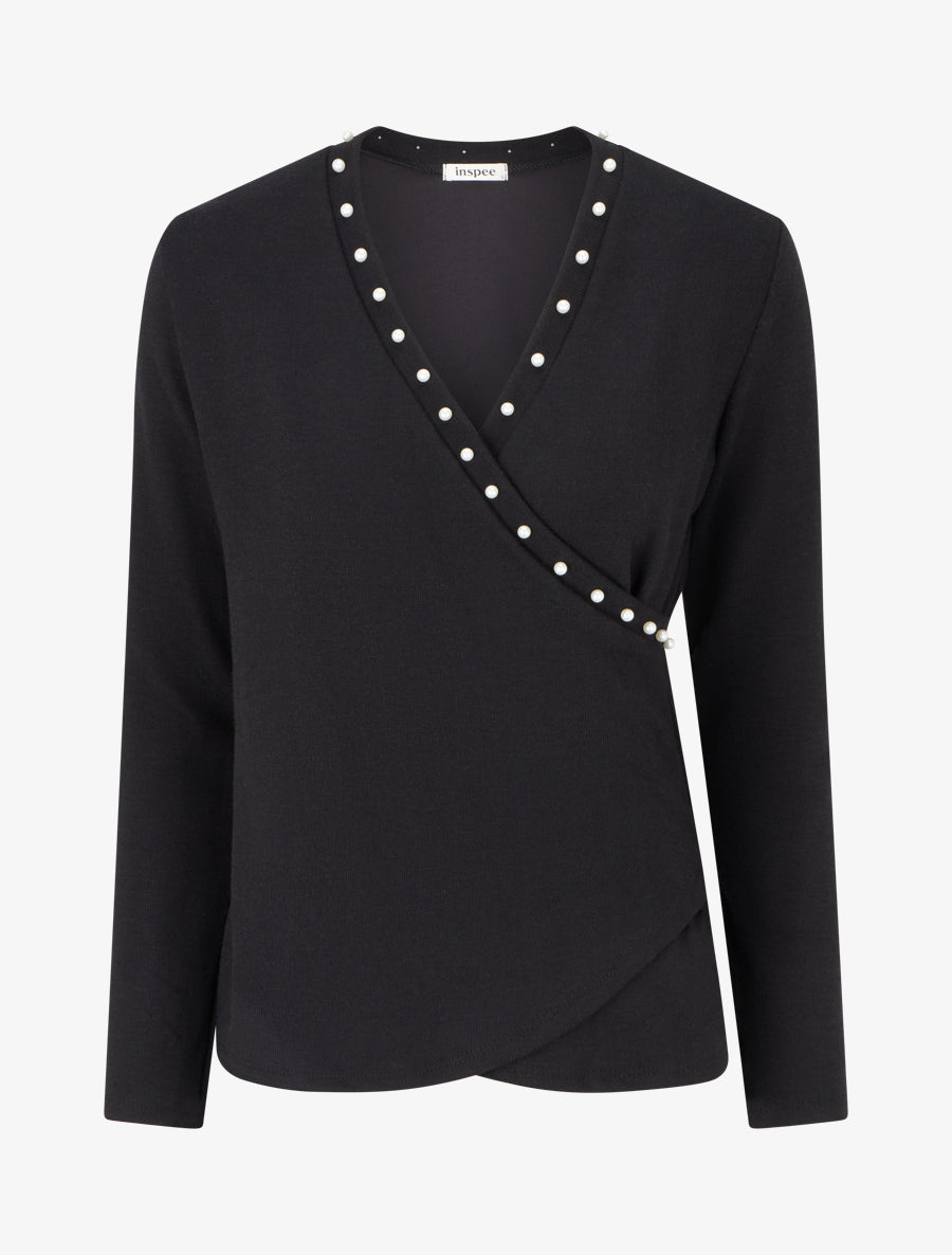 Pull fin à col cache-coeur orné de perles - Noir - 1