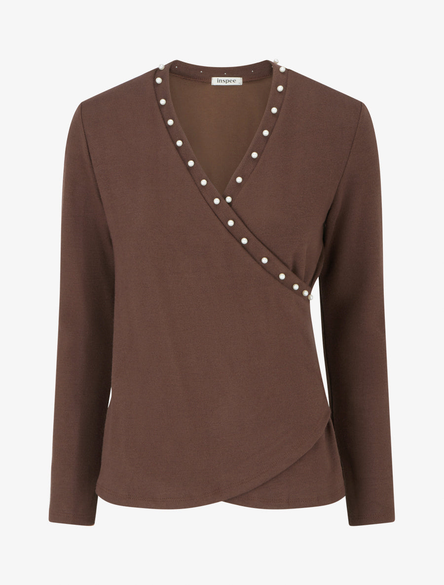 Pull fin à col cache-coeur orné de perles - Marron - 1
