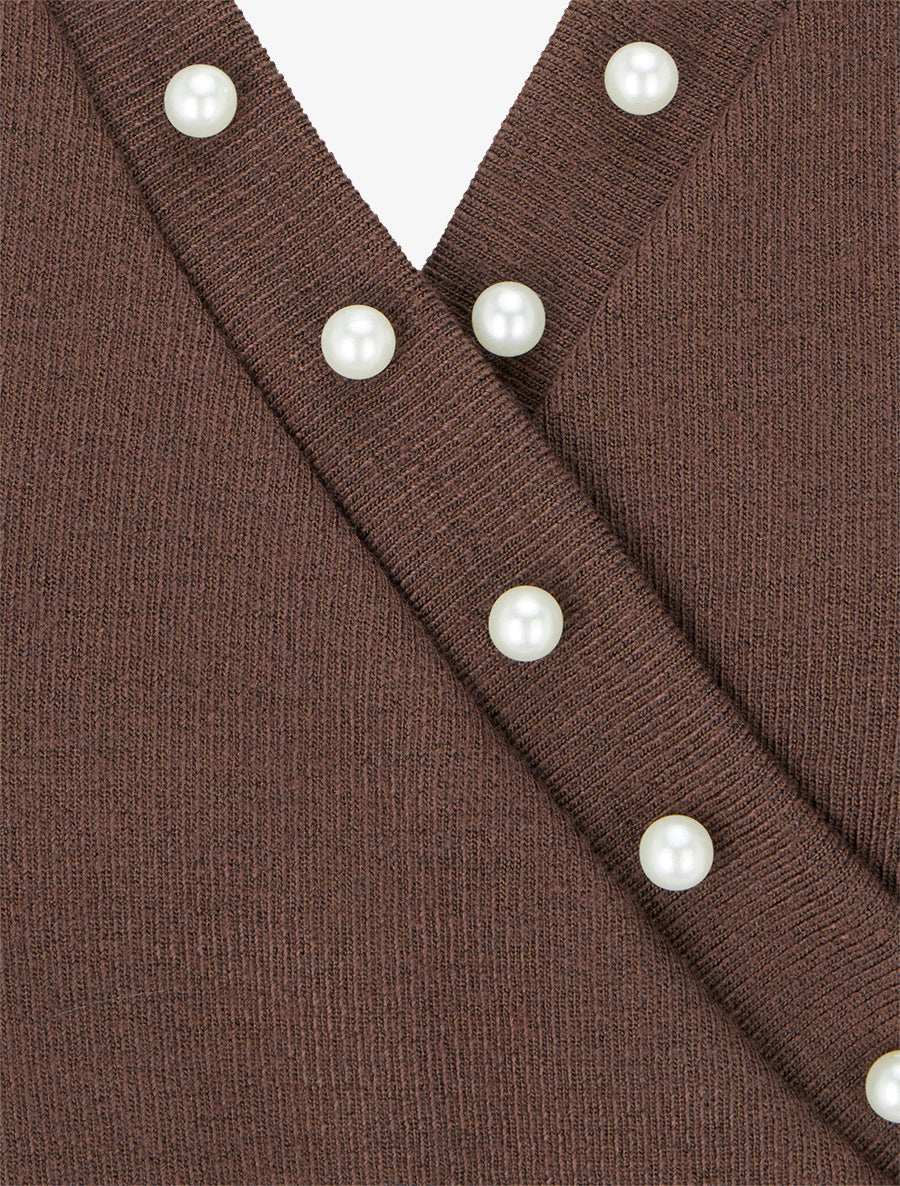 Pull fin à col cache-coeur orné de perles - Marron - 3