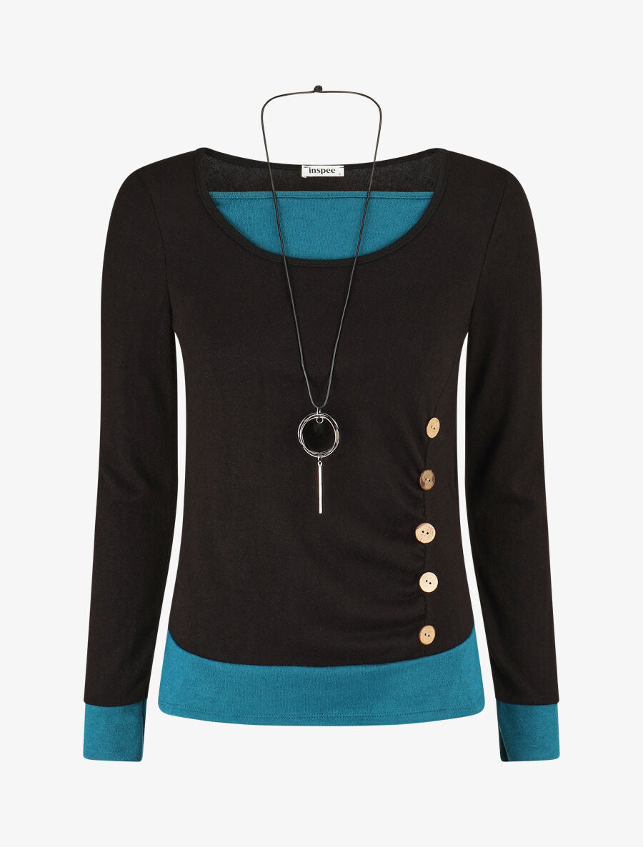 Pull fin effet superposé - Noir/bleu canard - 1