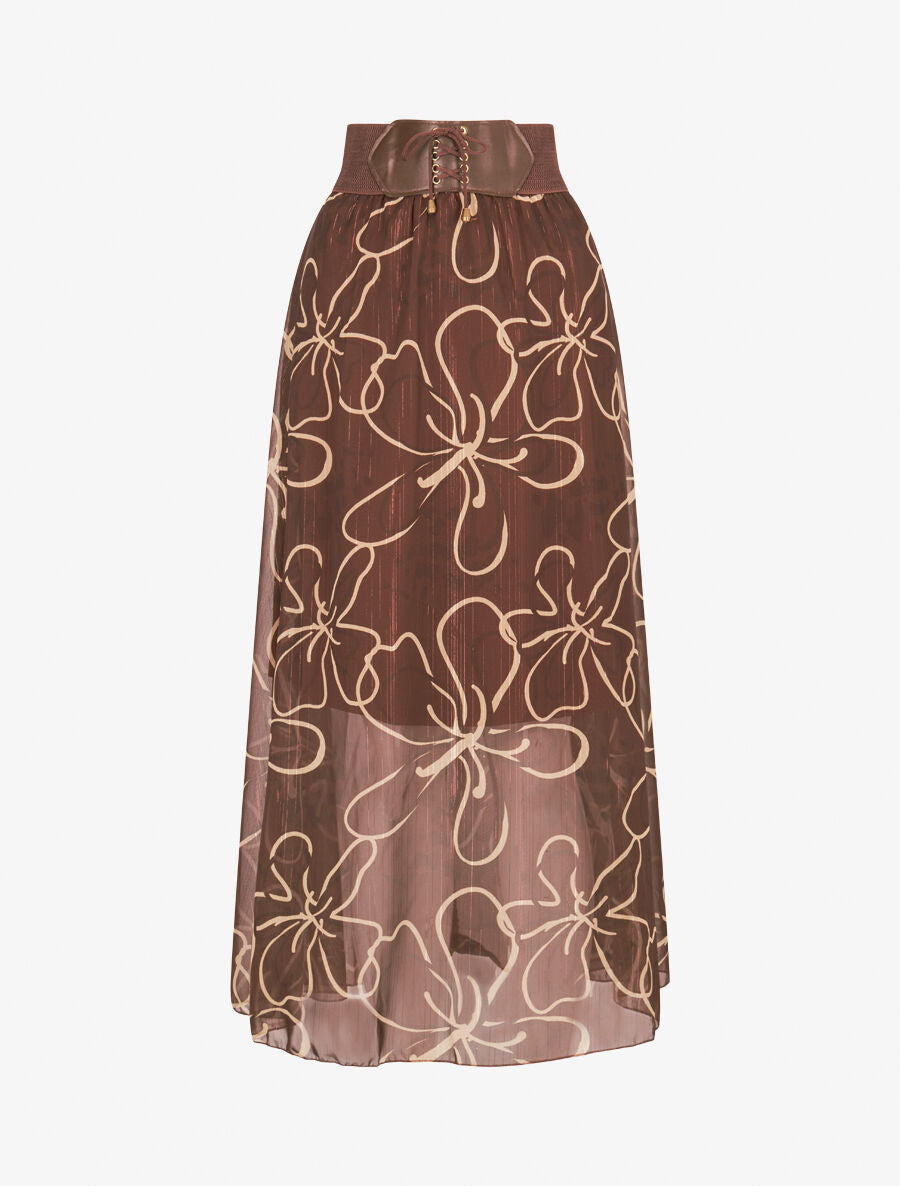 Jupe longue en voile à fleurs dessinées - Marron - 1
