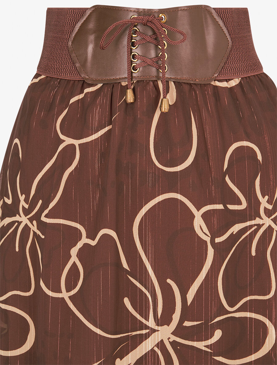 Jupe longue en voile à fleurs dessinées - Marron - 3