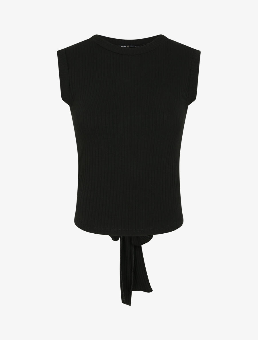 Top côtelé à ceinture à nouer - Noir - 1