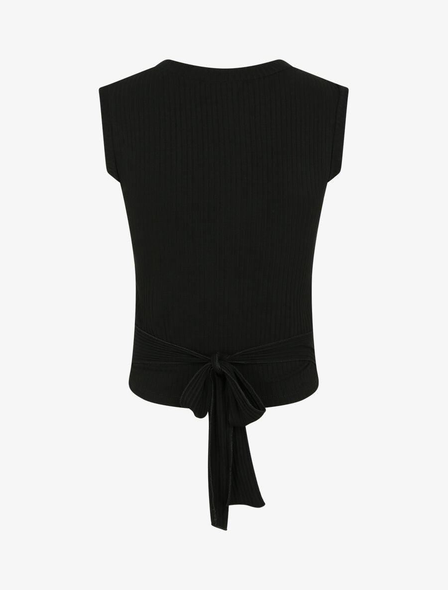 Top côtelé à ceinture à nouer - Noir - 2
