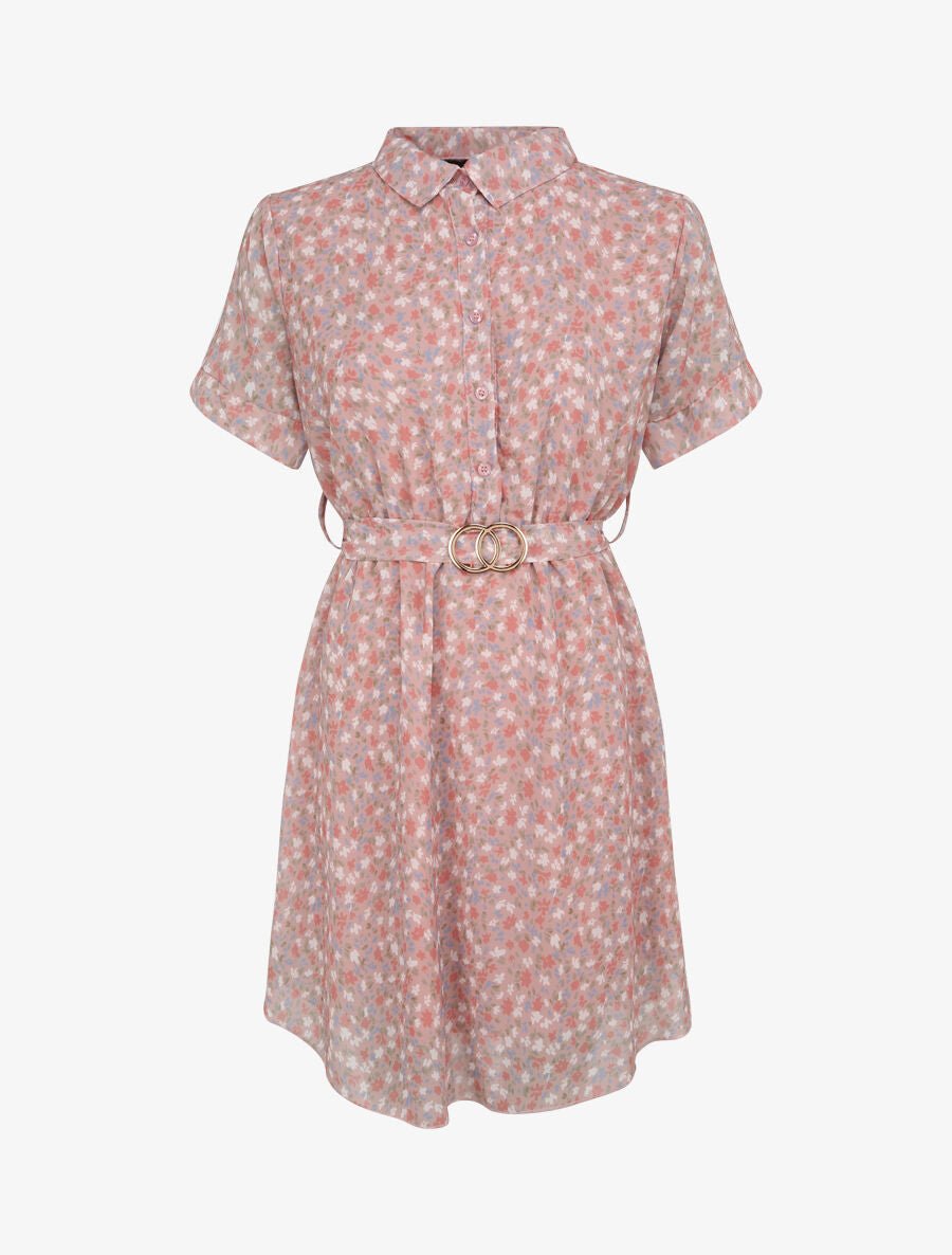 Robe patineuse courte imprimé floral - Rose poudré - 1