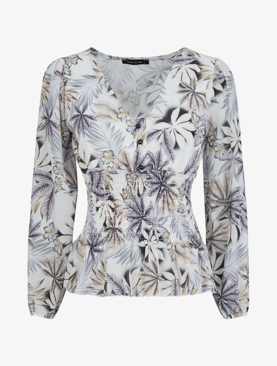 Top élastiqué imprimé tropical - Noir - 1