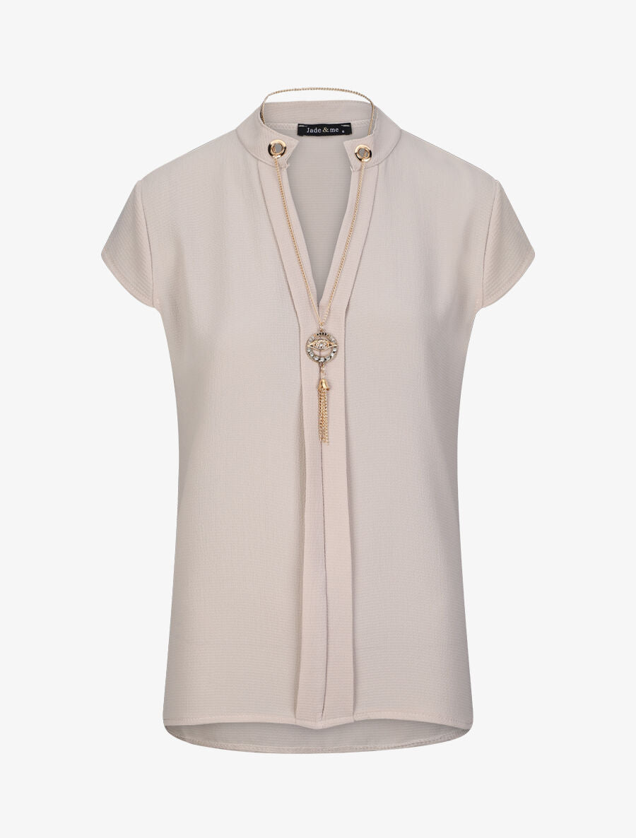 Top droit uni à col V bijou - Beige - 4