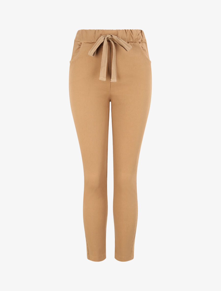 Pantalon slim uni à taille haute élastiquée - Camel - 1