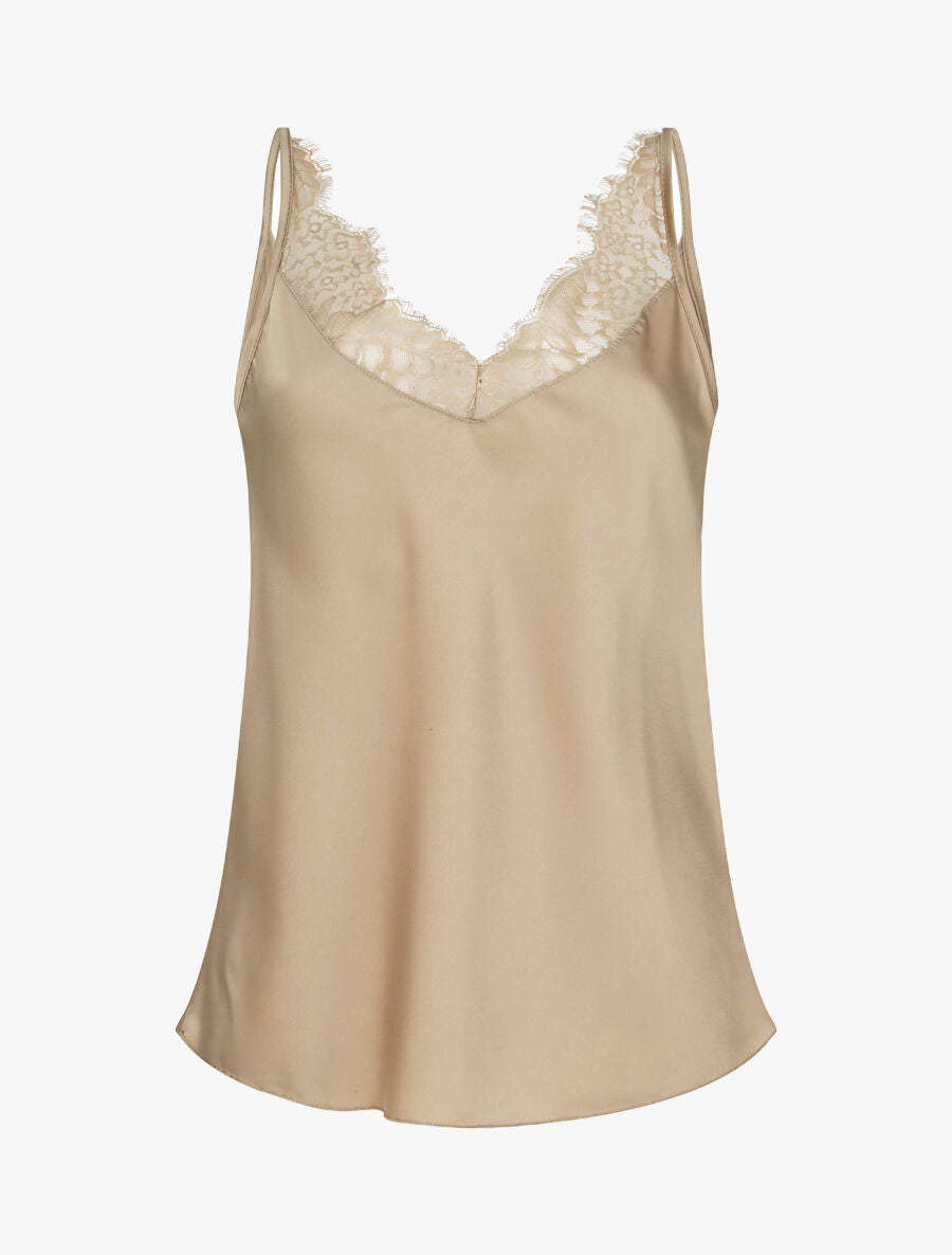 Caraco droit satiné à col V en dentelle - Beige - 1