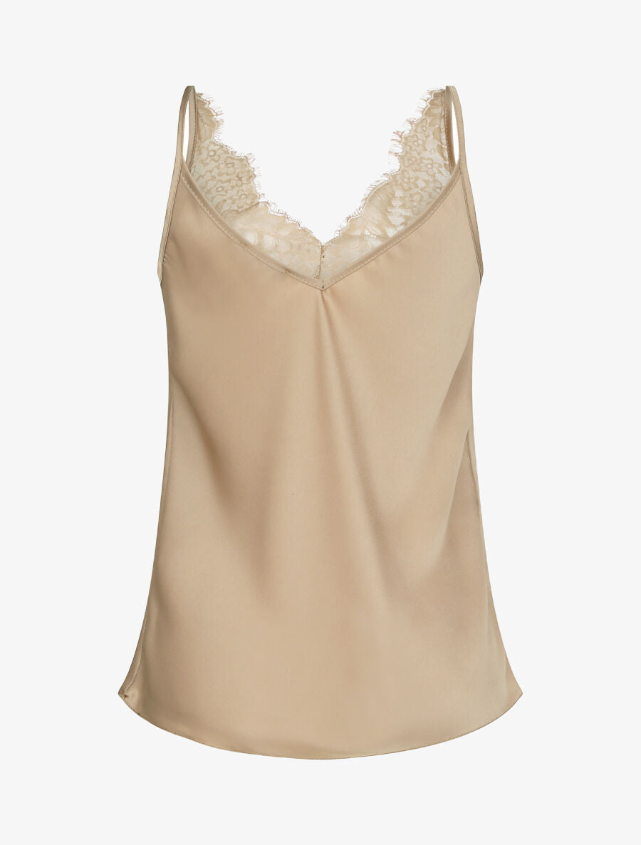 Caraco droit satiné à col V en dentelle - Beige - 2