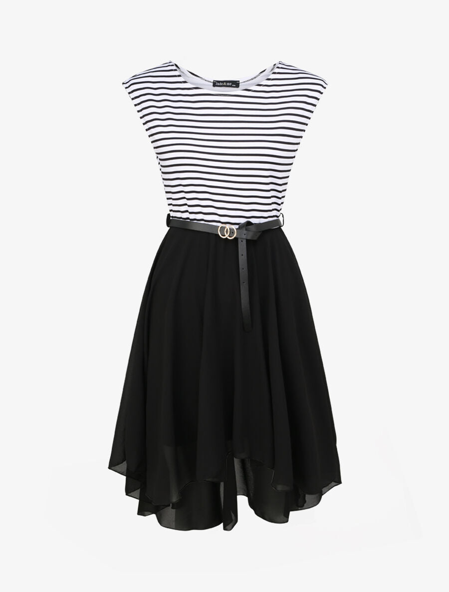 Robe patineuse rayée asymétrique à col rond - Noir - 5