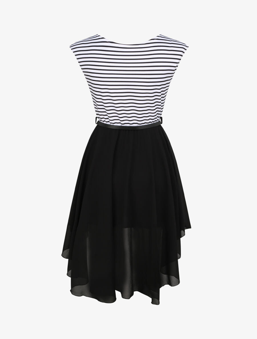 Robe patineuse rayée asymétrique à col rond - Noir - 2
