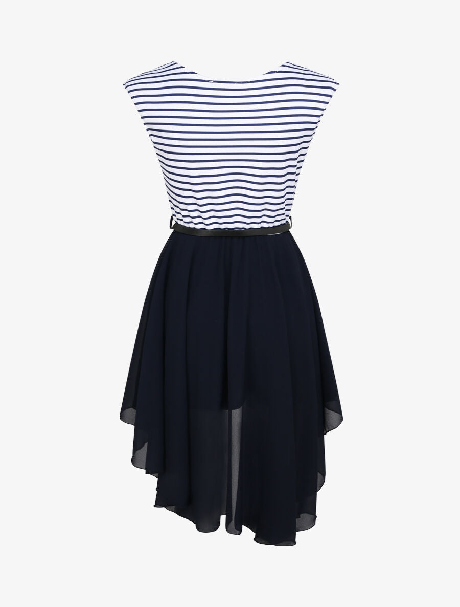 Robe patineuse rayée asymétrique à col rond - Marine - 2