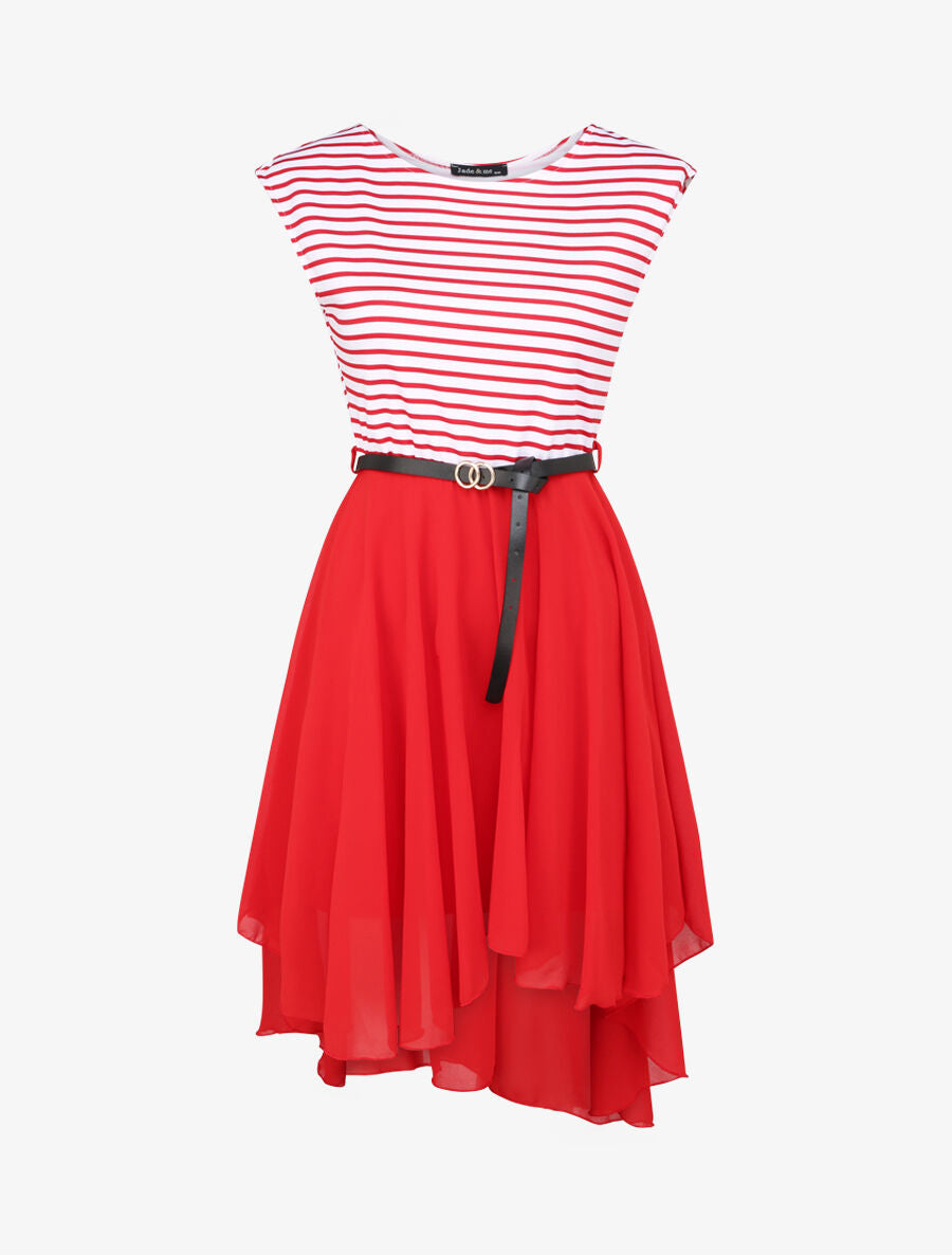 Robe patineuse rayée asymétrique à col rond - Rouge - 4