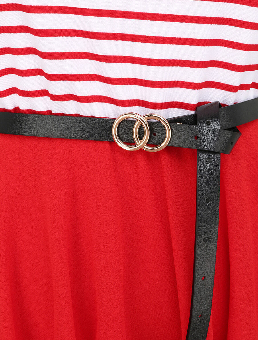 Robe patineuse rayée asymétrique à col rond - Rouge - 3