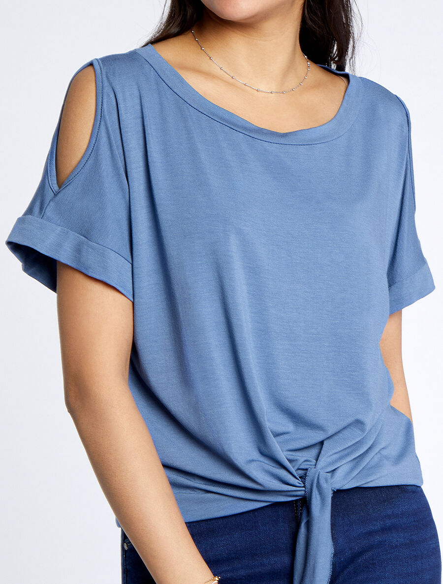 Top oversize uni à épaules ajourées - Bleu - 4