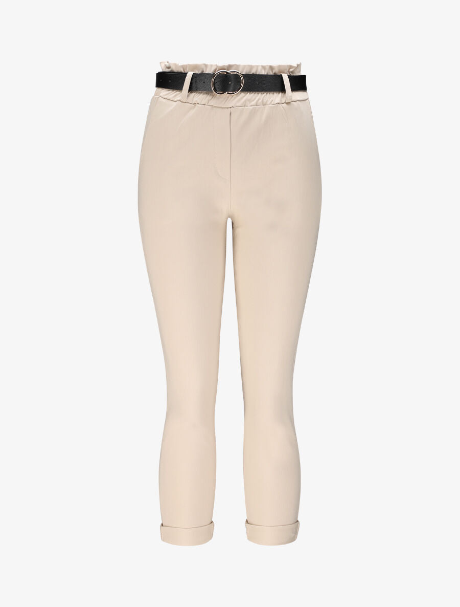 Pantalon paper bag uni avec ceinture - Beige - 4