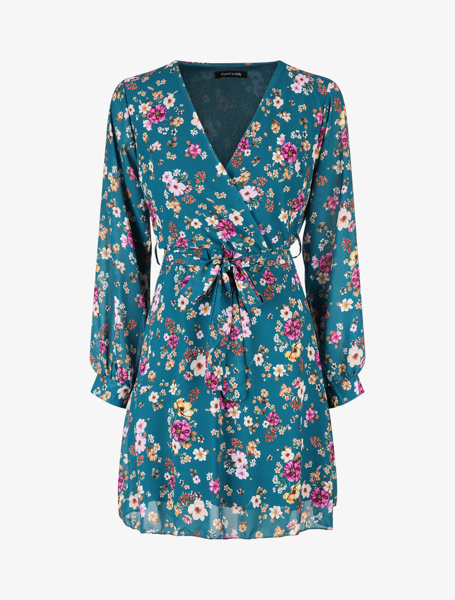 Robe cache-coeur à imprimé fleuri - Bleu canard - 1