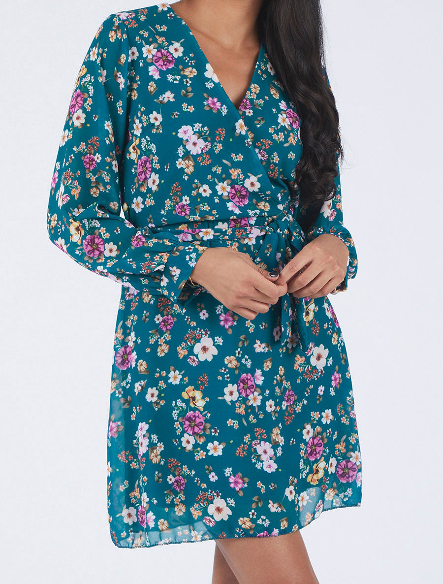 Robe cache-coeur à imprimé fleuri - Bleu canard - 4