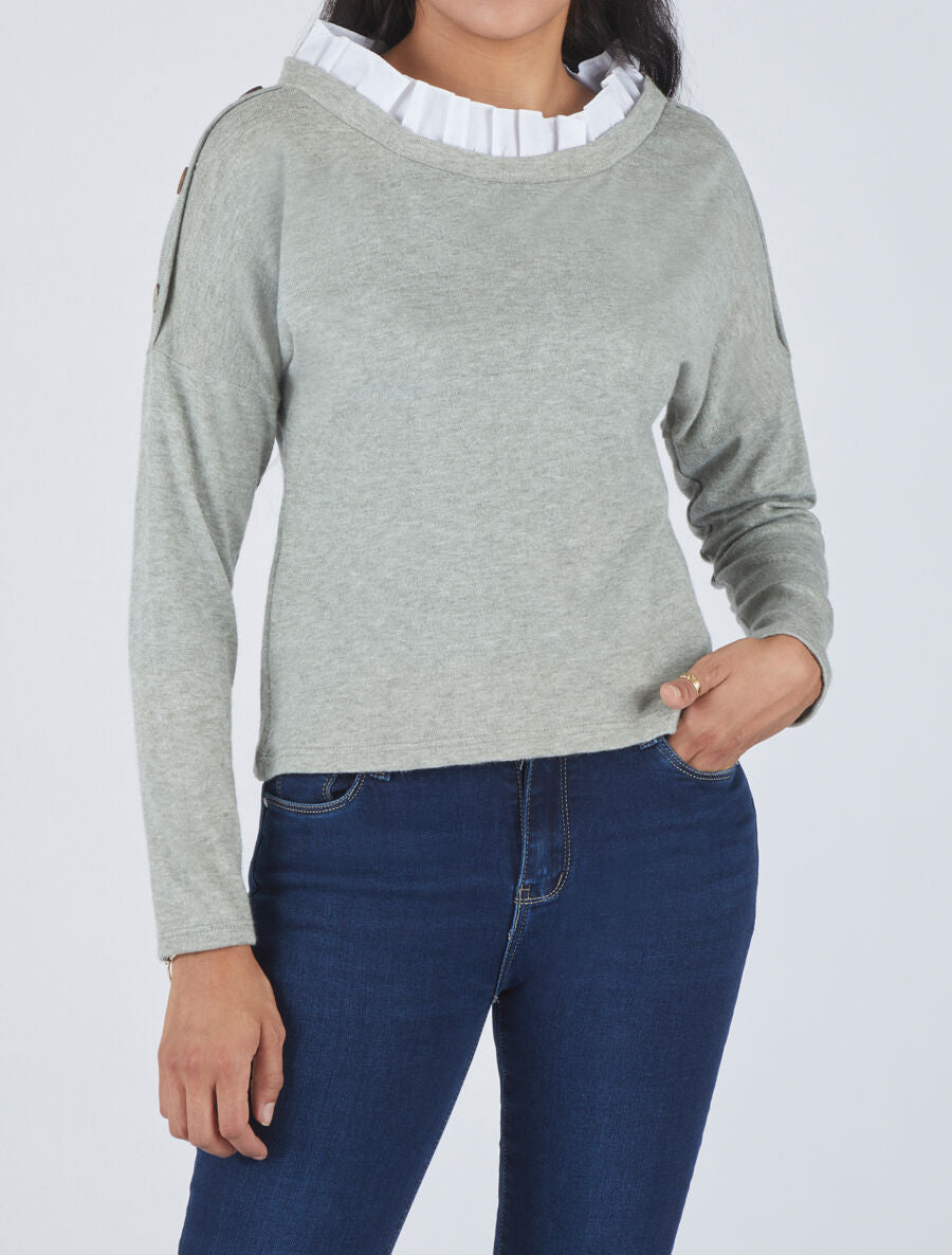 Pull droit à col volanté - Vert olive - 4