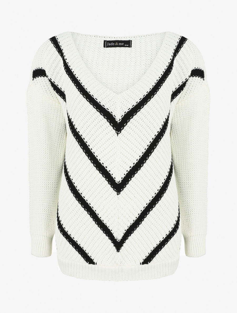 Pull en maille imprimé rayures en V - Blanc - 4
