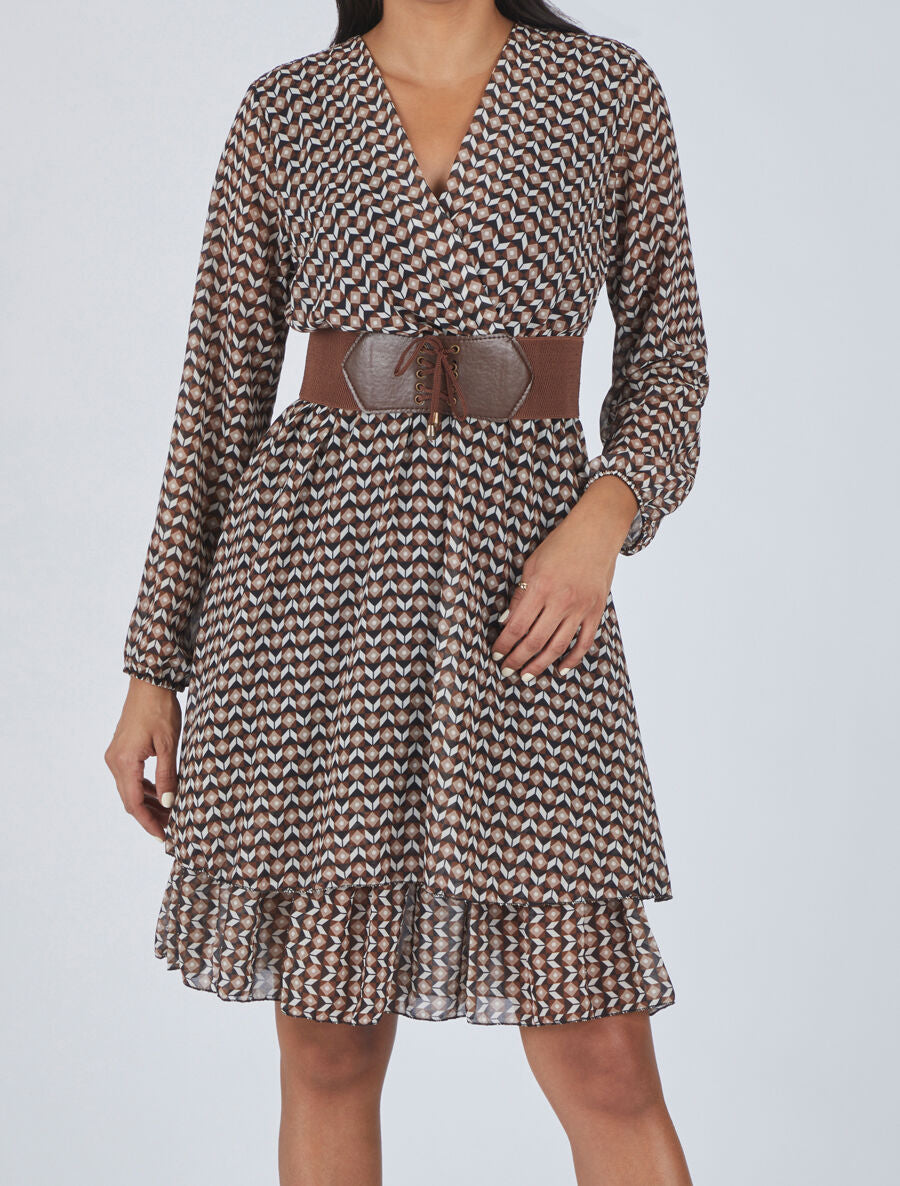 Robe col cache-coeur imprimé mosaïque - Marron - 4