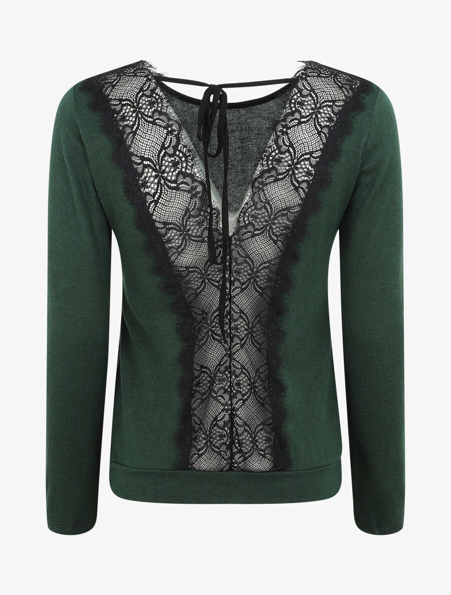 Pull droit à dos en dentelle - Vert bouteille - 2
