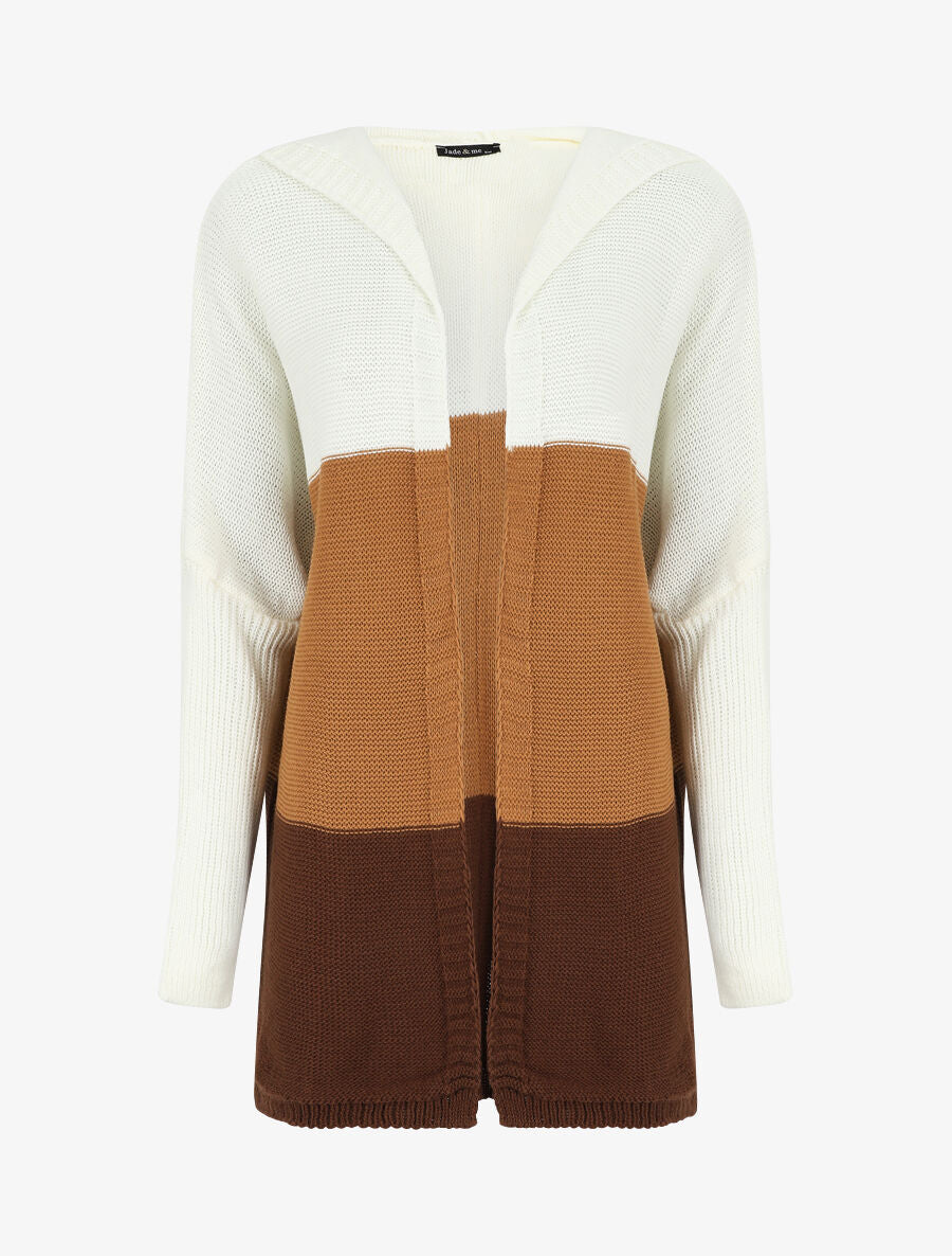 Gilet mi-long rayé à capuche - Camel/gris - 4