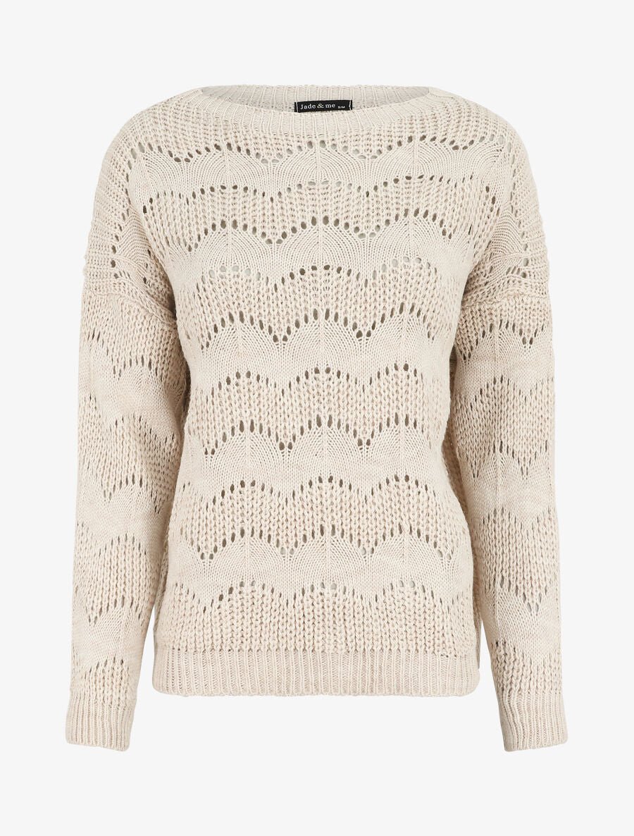 Pull droit uni en maille ajourée - Beige - 1