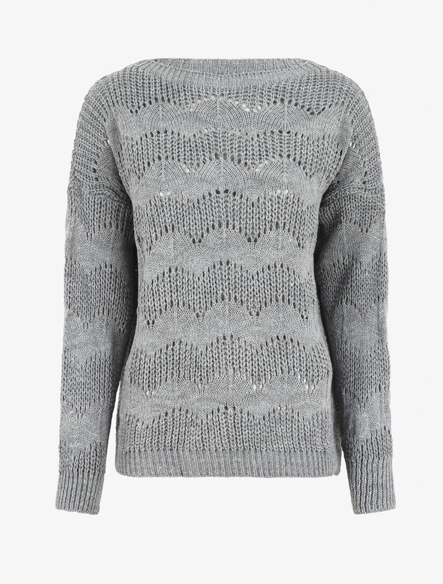 Pull droit uni en maille ajourée - Gris - 5