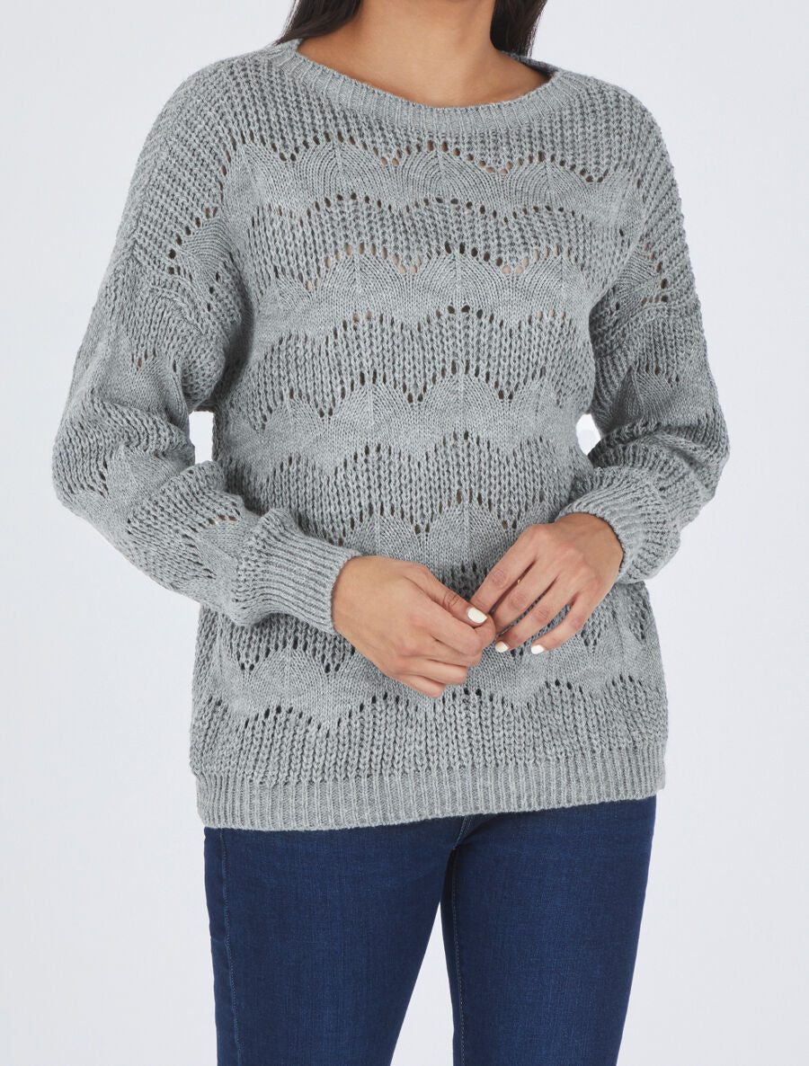 Pull droit uni en maille ajourée - Gris - 4