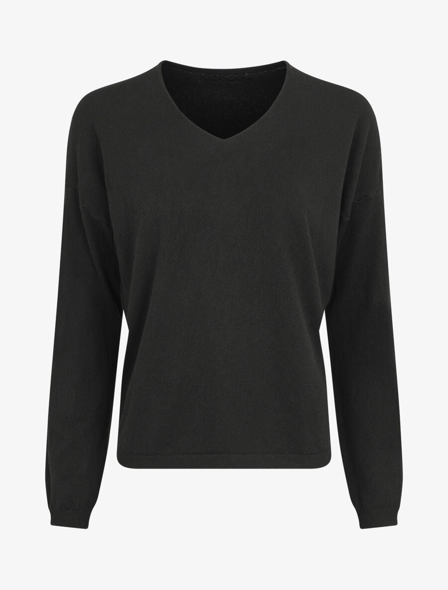Pull fin uni à col V - Noir - 1