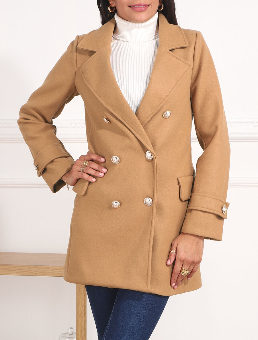 Manteau mi-long boutonné à col cranté - Camel - 3