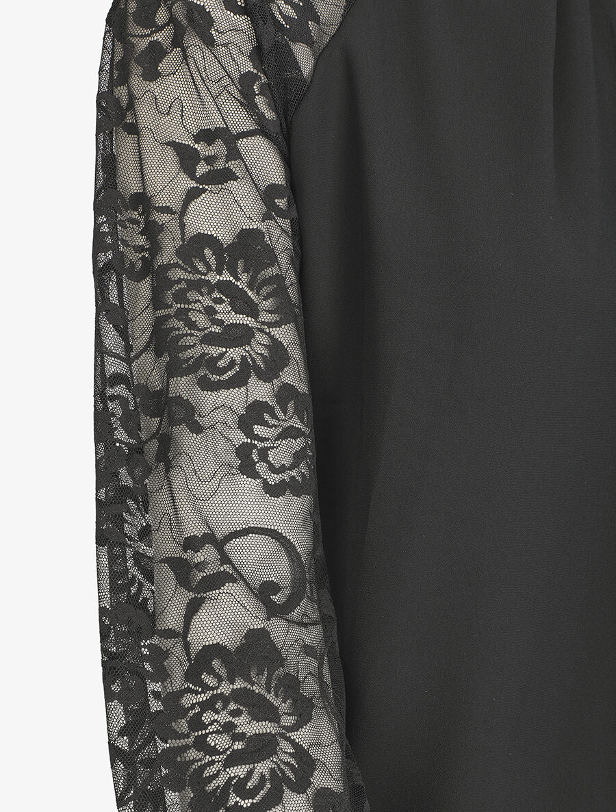 Blouse en voile unie à manches en dentelle - Noir - 3