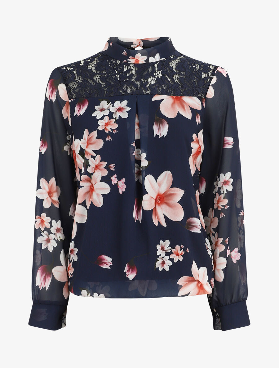 Top fleuri en dentelle - Marine - 1