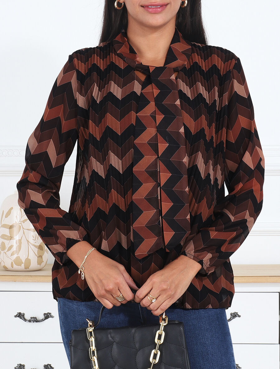 Blouse lavallière plissée imprimé zig-zag - Camel - 4