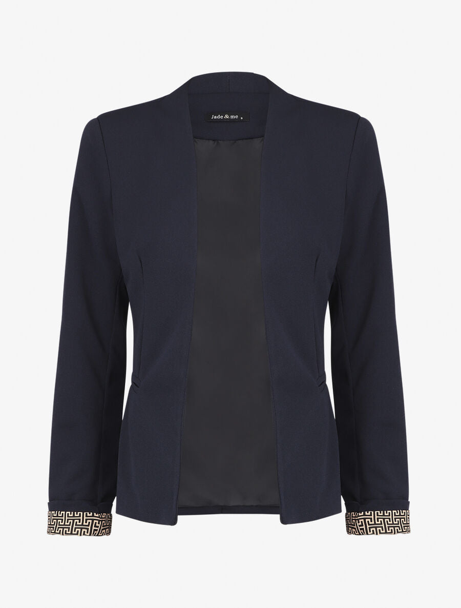 Blazer uni à revers imprimé grec - Marine - 4