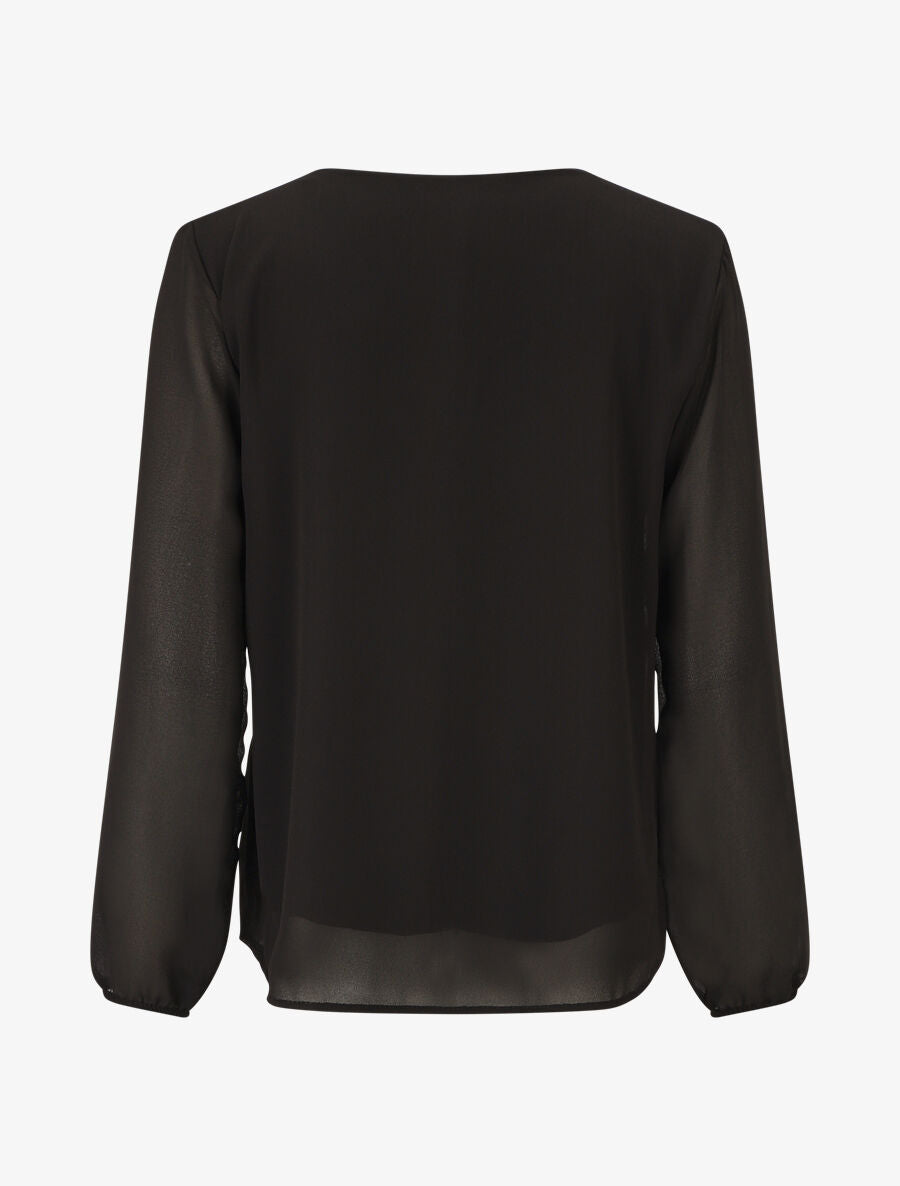 Blouse unie à manches longues et col en dentelle - Noir - 2