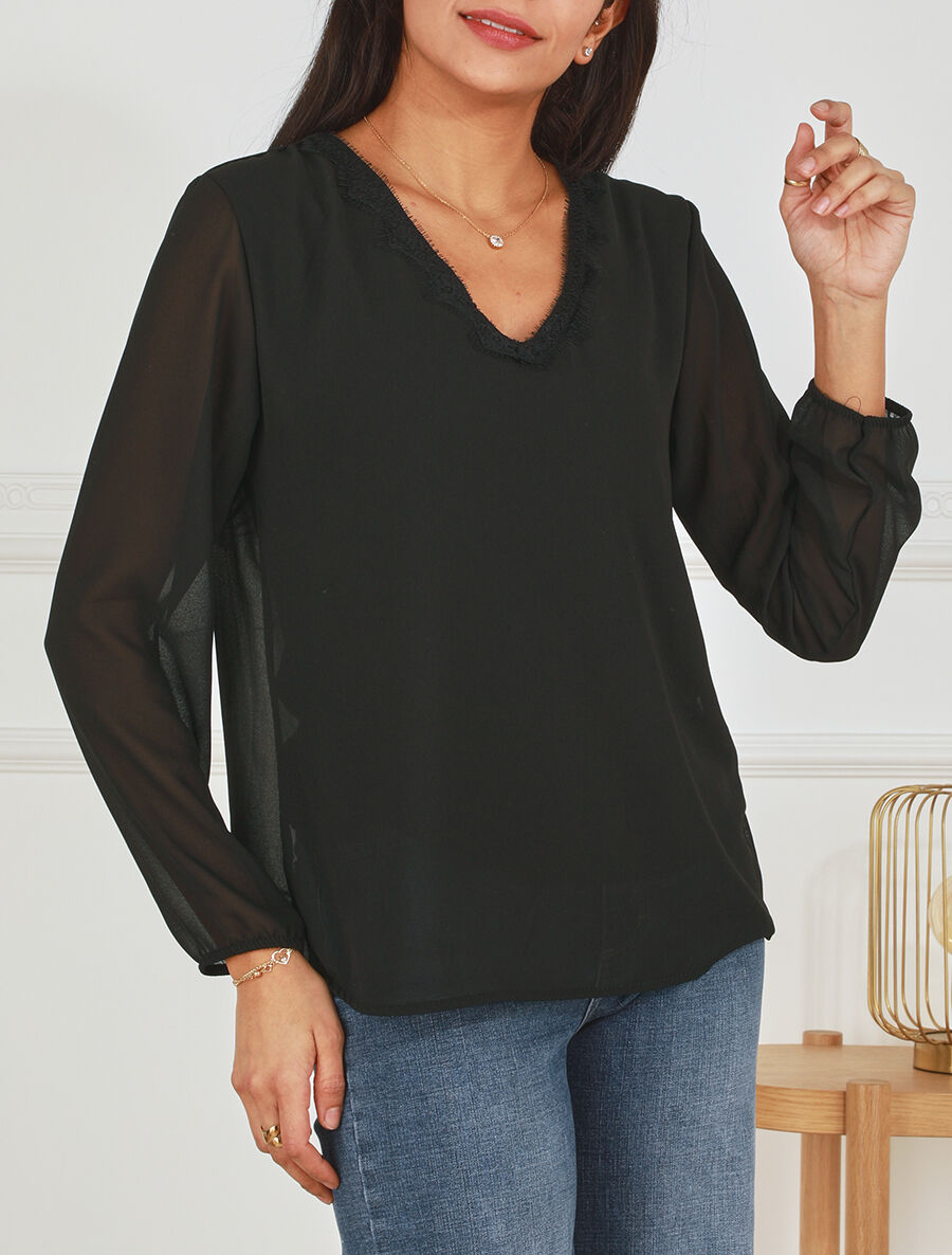 Blouse unie à manches longues et col en dentelle - Noir - 4