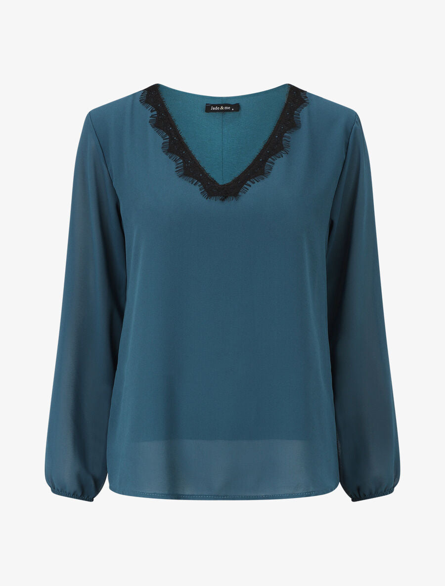 Blouse unie à manches longues et col en dentelle - Bleu canard - 5